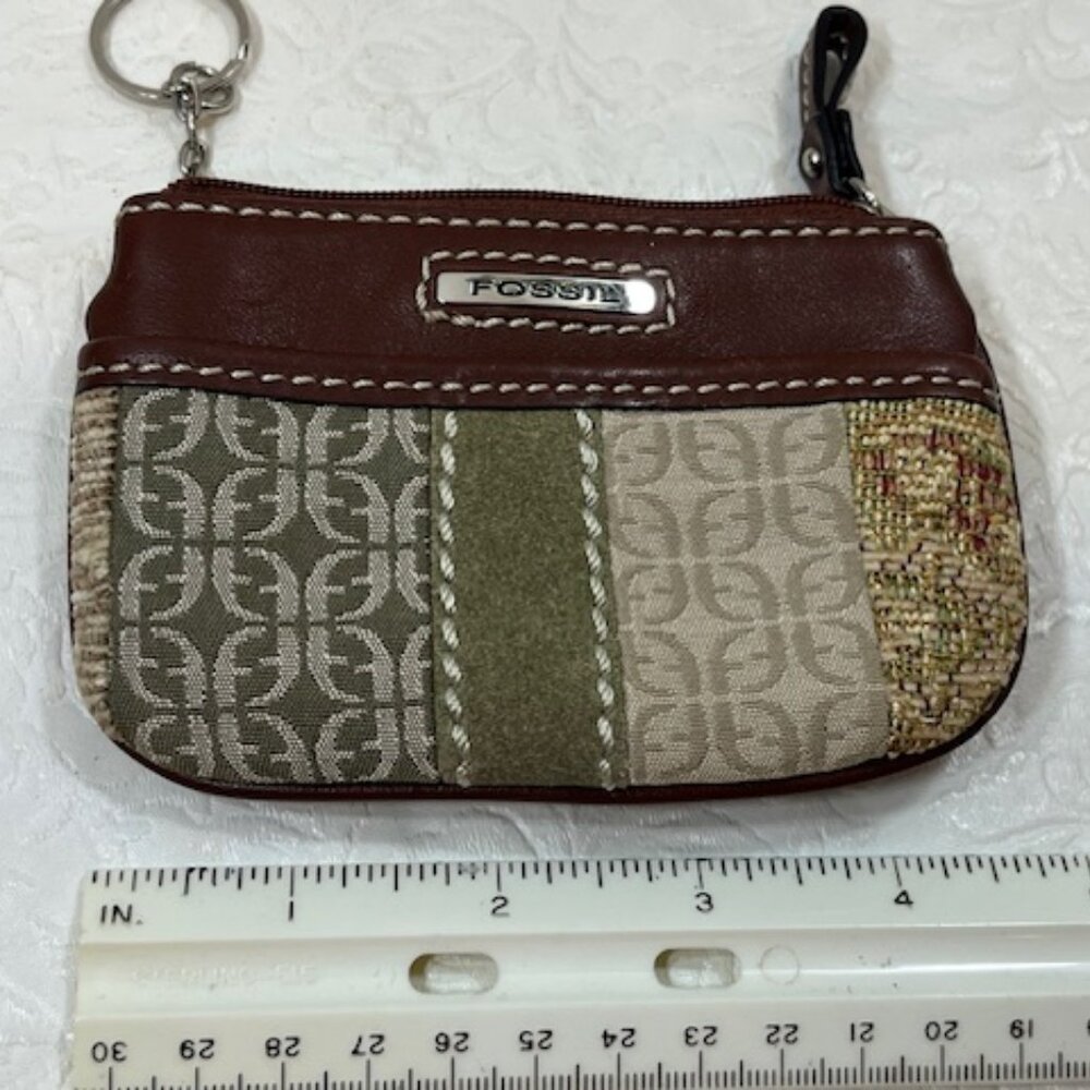 Fossil Signature ID Zip Wallet Change Purse Brown, Beige, Green 4.75"x3.25"